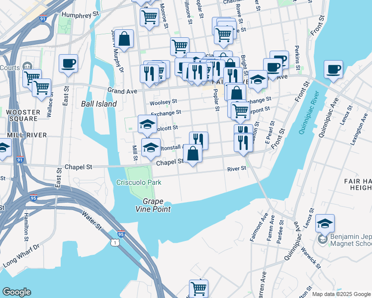 map of restaurants, bars, coffee shops, grocery stores, and more near in New Haven