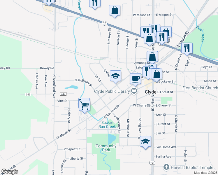map of restaurants, bars, coffee shops, grocery stores, and more near 521 Vine Street in Clyde