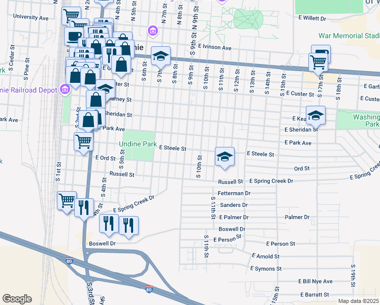 map of restaurants, bars, coffee shops, grocery stores, and more near 1000 South 9th Street in Laramie