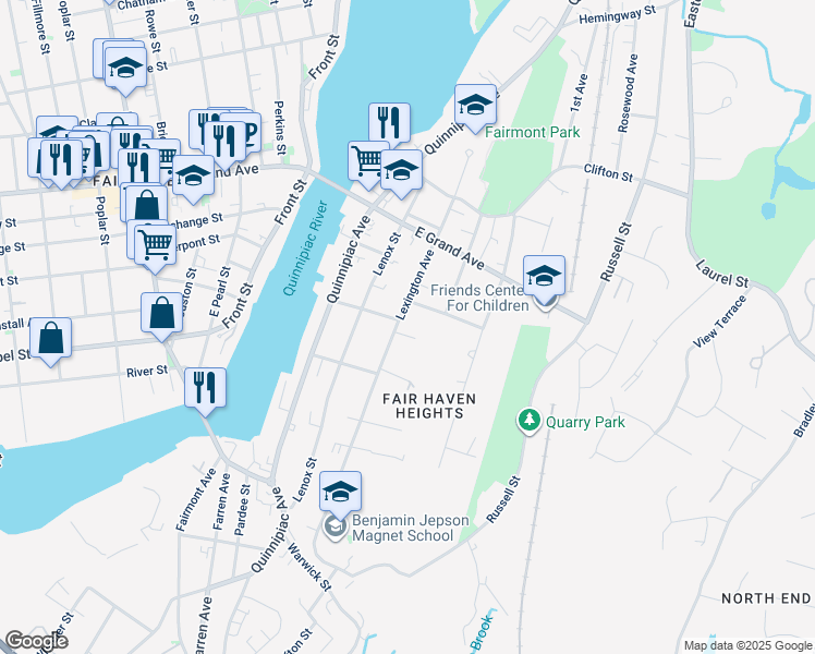 map of restaurants, bars, coffee shops, grocery stores, and more near 9 Eldridge Street in New Haven