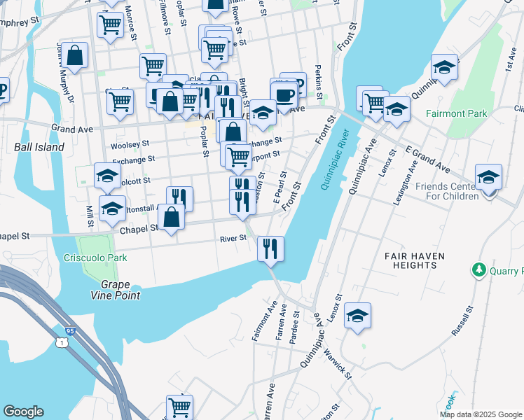 map of restaurants, bars, coffee shops, grocery stores, and more near 19 River Street in New Haven