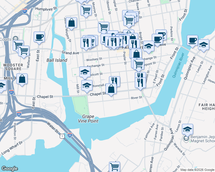 map of restaurants, bars, coffee shops, grocery stores, and more near in New Haven