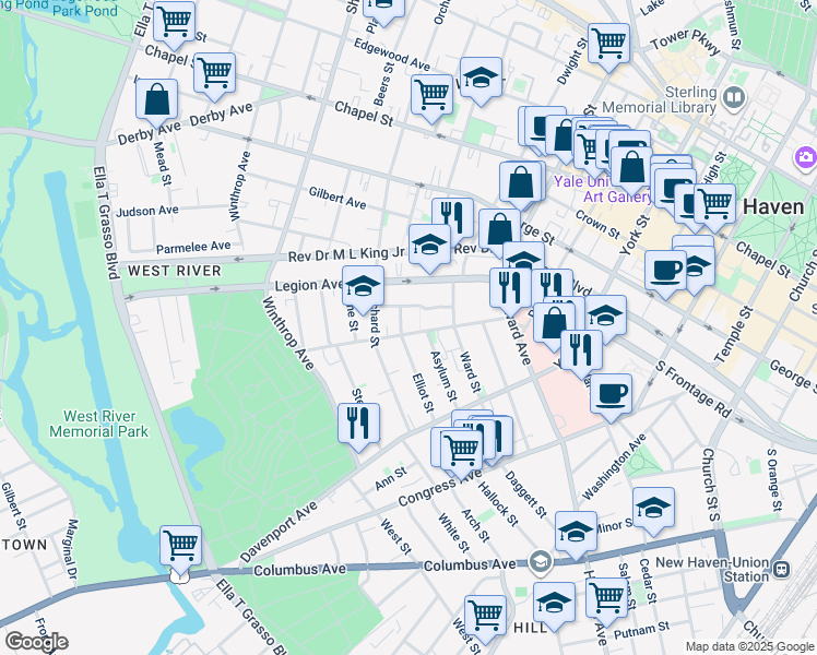map of restaurants, bars, coffee shops, grocery stores, and more near 87 Orchard Street in New Haven