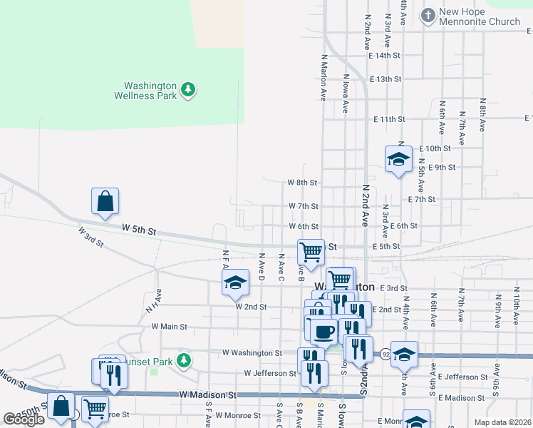 map of restaurants, bars, coffee shops, grocery stores, and more near 500-598 N D Ave in Washington