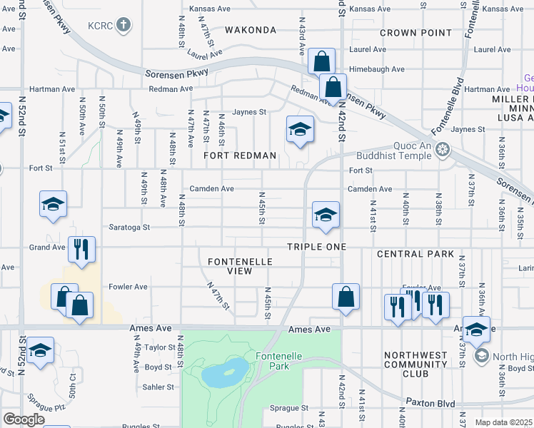 map of restaurants, bars, coffee shops, grocery stores, and more near 4347 Saratoga Street in Omaha