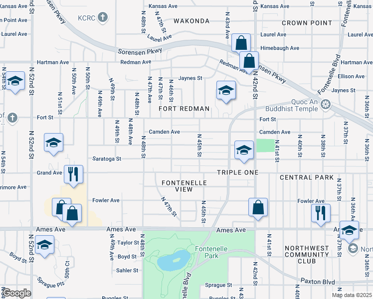 map of restaurants, bars, coffee shops, grocery stores, and more near 4531 Saratoga Street in Omaha