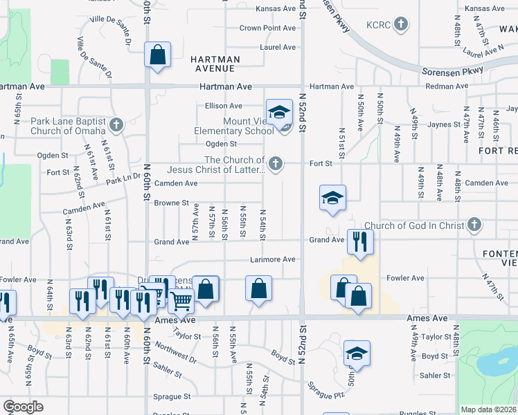 map of restaurants, bars, coffee shops, grocery stores, and more near 4925 North 54th Street in Omaha