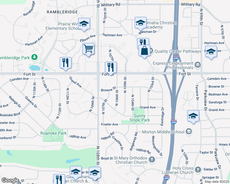 map of restaurants, bars, coffee shops, grocery stores, and more near 4915 North 107th Street in Omaha