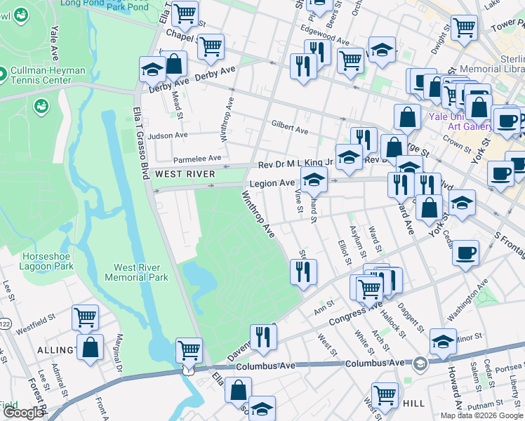 map of restaurants, bars, coffee shops, grocery stores, and more near 146 Sylvan Avenue in New Haven