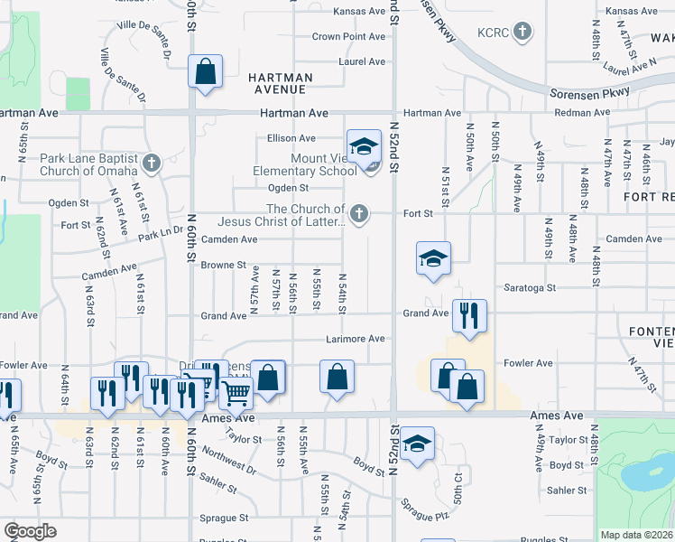 map of restaurants, bars, coffee shops, grocery stores, and more near 4925 North 54th Street in Omaha