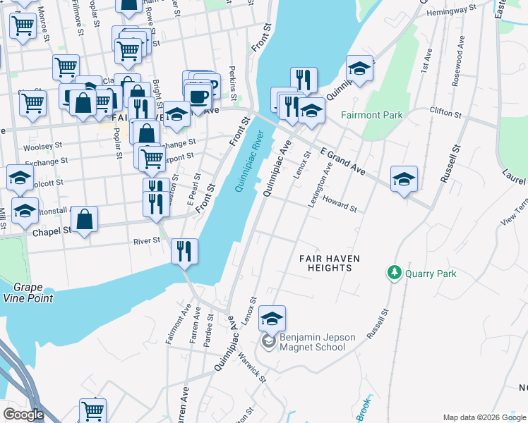 map of restaurants, bars, coffee shops, grocery stores, and more near 529 Quinnipiac Avenue in New Haven