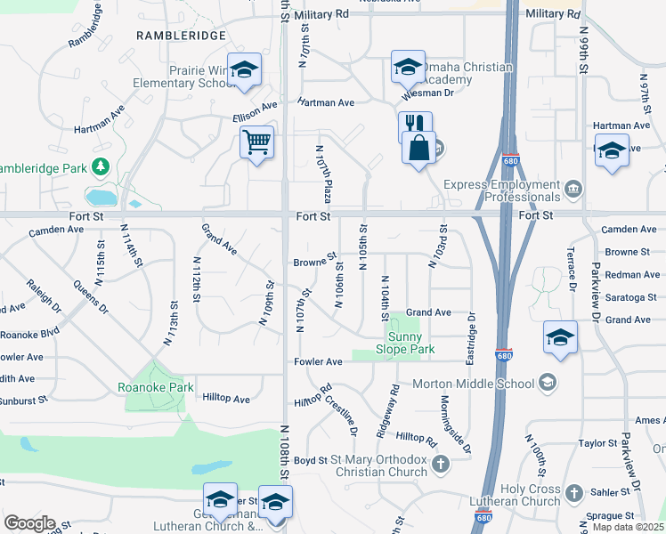 map of restaurants, bars, coffee shops, grocery stores, and more near 4915 North 107th Street in Omaha