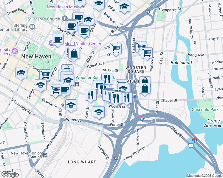 map of restaurants, bars, coffee shops, grocery stores, and more near Wooster Place in New Haven
