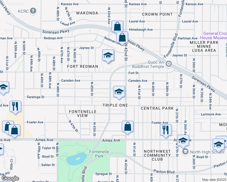 map of restaurants, bars, coffee shops, grocery stores, and more near 4235 Browne Street in Omaha