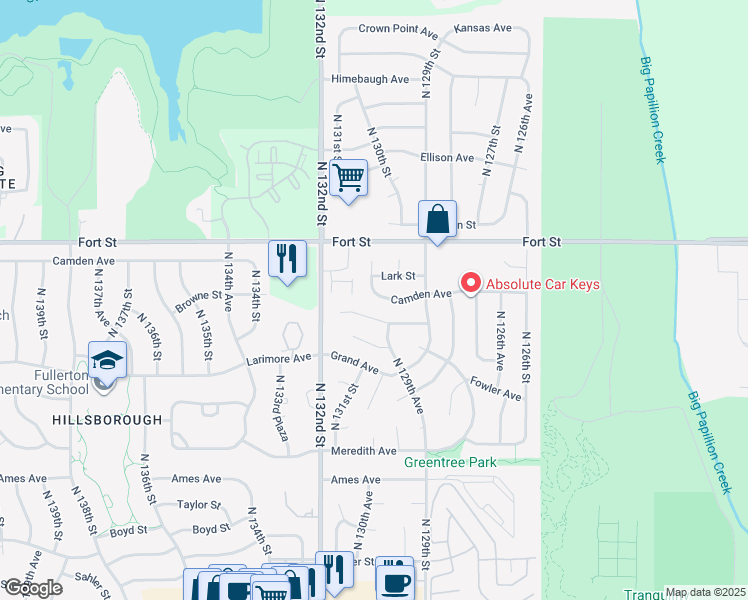 map of restaurants, bars, coffee shops, grocery stores, and more near 12955 Browne Circle in Omaha