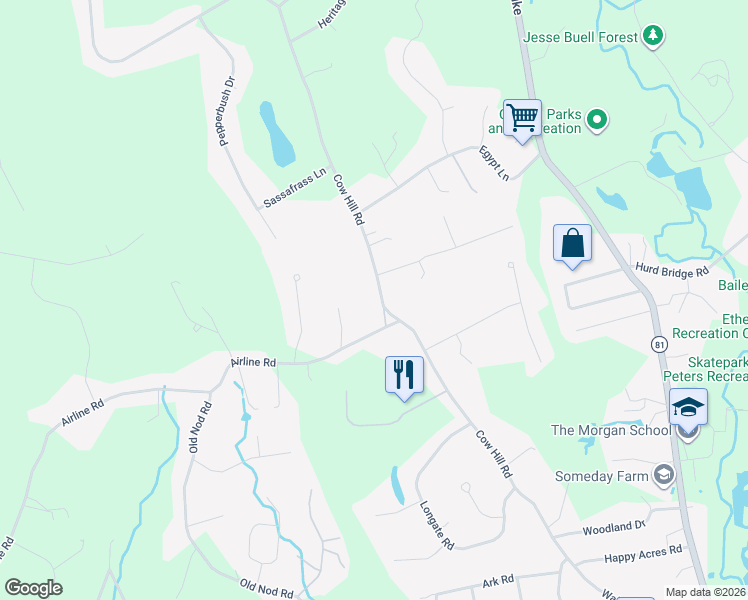 map of restaurants, bars, coffee shops, grocery stores, and more near 135 Cow Hill Road in Clinton