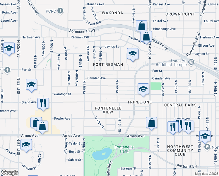 map of restaurants, bars, coffee shops, grocery stores, and more near 4537 Camden Avenue in Omaha