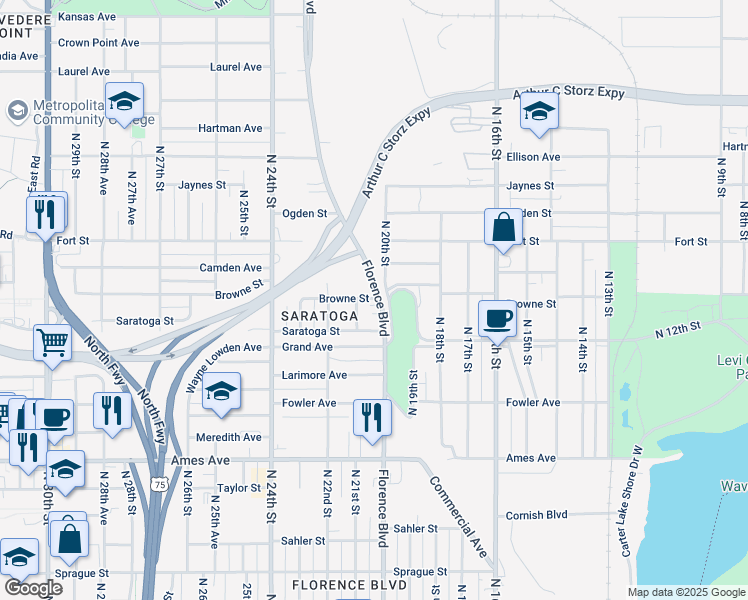 map of restaurants, bars, coffee shops, grocery stores, and more near 5100 Florence Boulevard in Omaha
