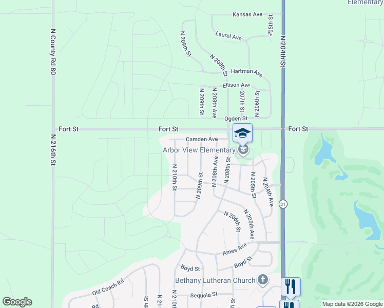 map of restaurants, bars, coffee shops, grocery stores, and more near 5110 N 209th Street in Omaha