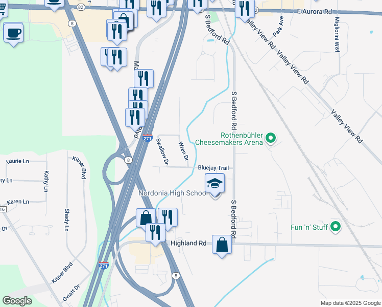 map of restaurants, bars, coffee shops, grocery stores, and more near 8061 Wren Drive in Macedonia