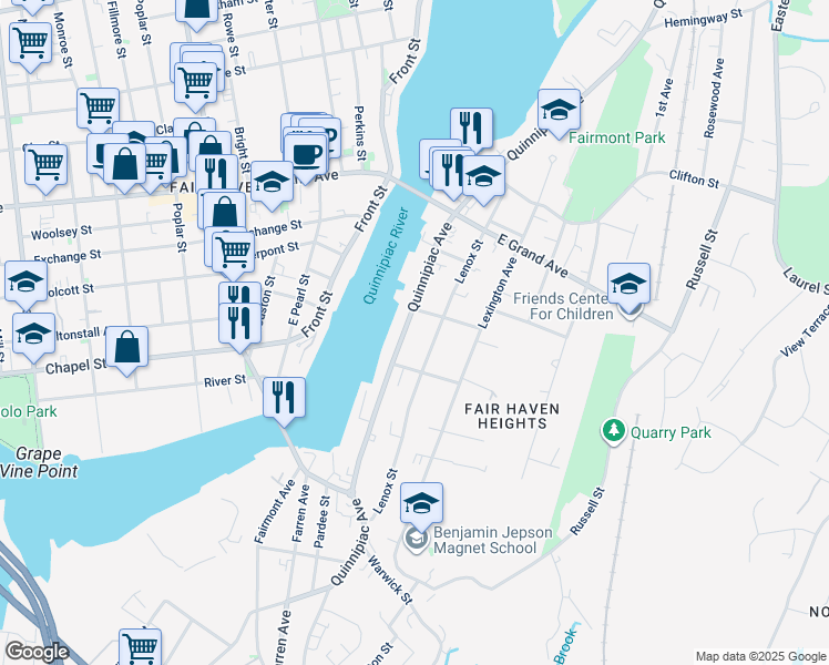 map of restaurants, bars, coffee shops, grocery stores, and more near 560 Quinnipiac Avenue in New Haven