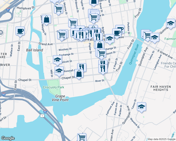 map of restaurants, bars, coffee shops, grocery stores, and more near 138 Poplar Street in New Haven