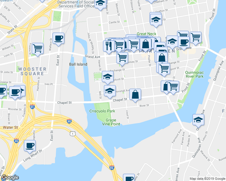 map of restaurants, bars, coffee shops, grocery stores, and more near 182 Wolcott Street in New Haven