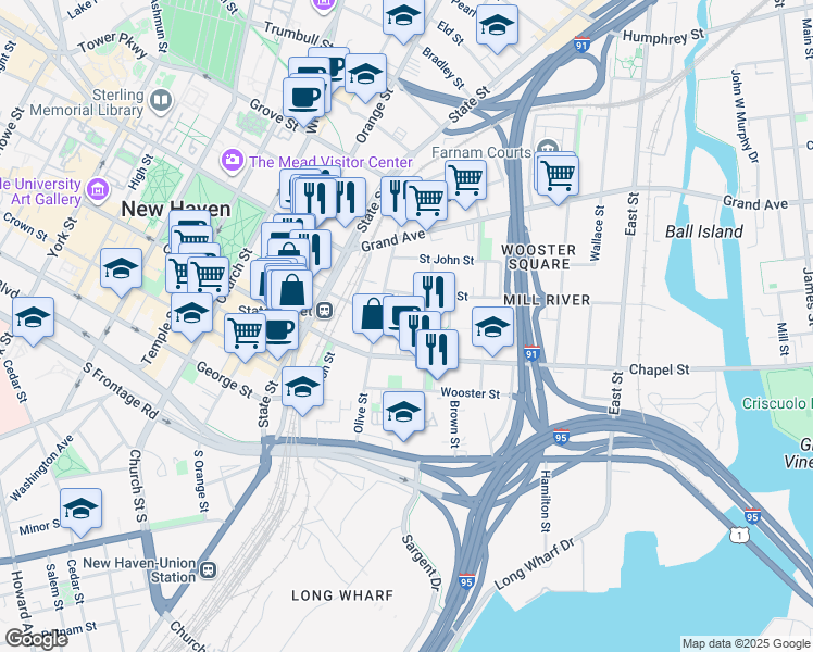 map of restaurants, bars, coffee shops, grocery stores, and more near 99 Olive Street in New Haven