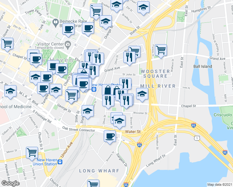 map of restaurants, bars, coffee shops, grocery stores, and more near 99 Olive Street in New Haven