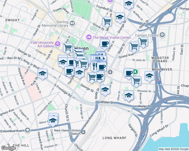 map of restaurants, bars, coffee shops, grocery stores, and more near 201 Orange Street in New Haven