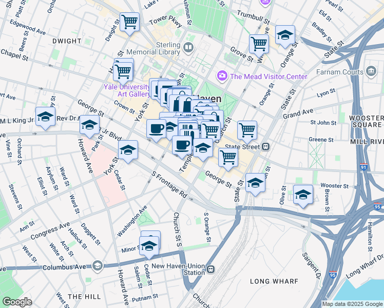 map of restaurants, bars, coffee shops, grocery stores, and more near 199 Crown Street in New Haven
