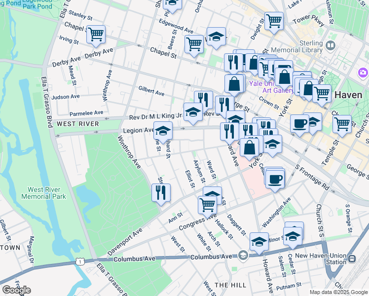map of restaurants, bars, coffee shops, grocery stores, and more near 140 Legion Avenue in New Haven