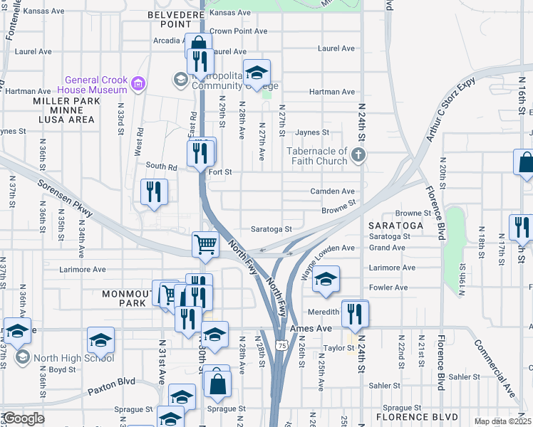 map of restaurants, bars, coffee shops, grocery stores, and more near 2701 Camden Avenue in Omaha