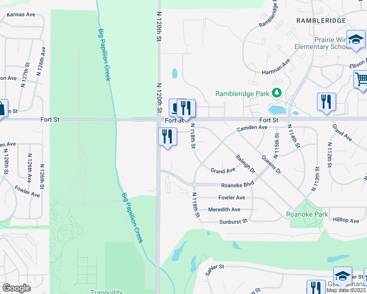 map of restaurants, bars, coffee shops, grocery stores, and more near 5002 North 118th Avenue in Omaha