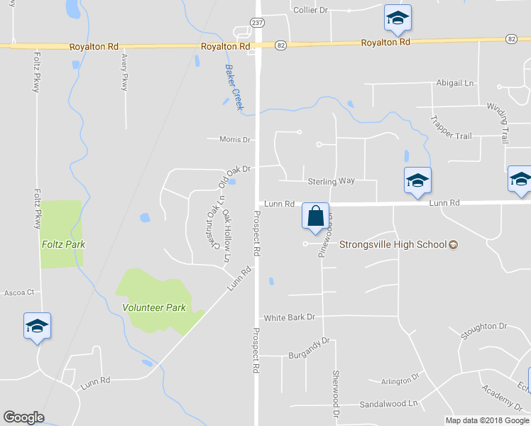 map of restaurants, bars, coffee shops, grocery stores, and more near 15241 Prospect Road in Strongsville