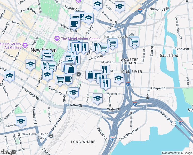 map of restaurants, bars, coffee shops, grocery stores, and more near 99 Olive Street in New Haven