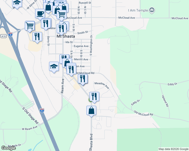 map of restaurants, bars, coffee shops, grocery stores, and more near 412 Old McCloud Rd in Mt Shasta