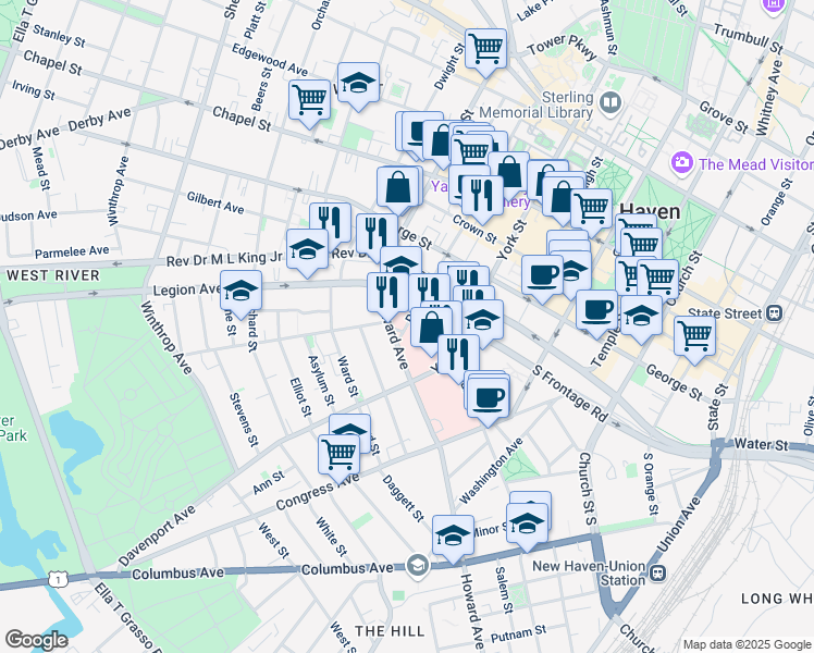 map of restaurants, bars, coffee shops, grocery stores, and more near 25 Park Street in New Haven