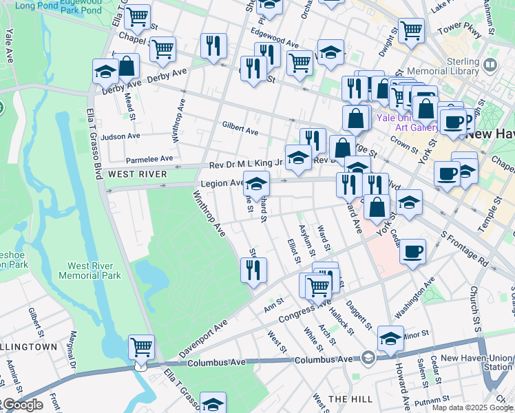 map of restaurants, bars, coffee shops, grocery stores, and more near 130 Orchard Street in New Haven