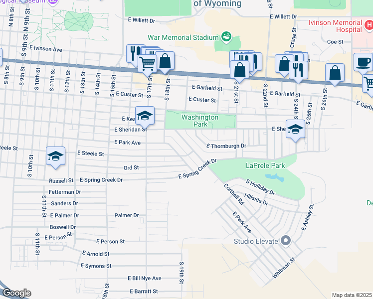 map of restaurants, bars, coffee shops, grocery stores, and more near 25 South Corthell Road in Laramie