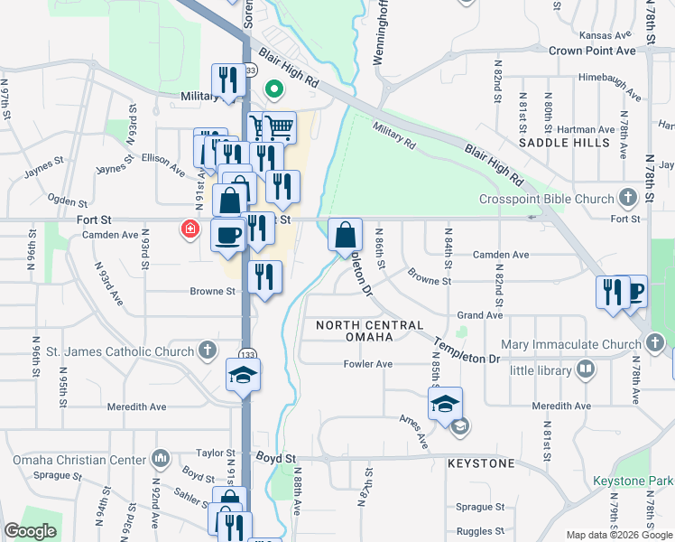map of restaurants, bars, coffee shops, grocery stores, and more near 8762 Templeton Drive in Omaha