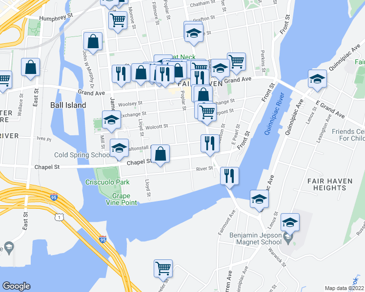 map of restaurants, bars, coffee shops, grocery stores, and more near 62 Saltonstall Avenue in New Haven