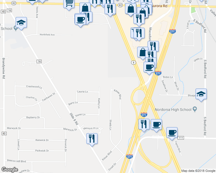map of restaurants, bars, coffee shops, grocery stores, and more near 7900 Shady Lane in Northfield