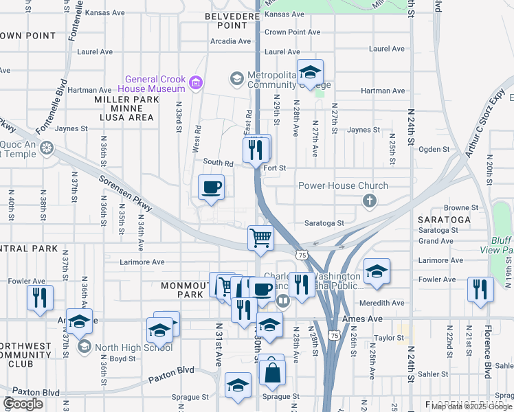 map of restaurants, bars, coffee shops, grocery stores, and more near 5101 North 30th Street in Omaha