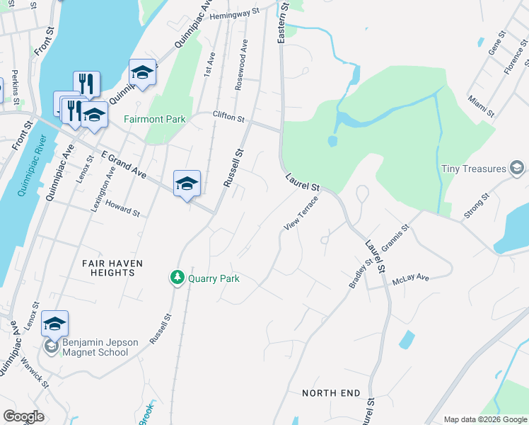 map of restaurants, bars, coffee shops, grocery stores, and more near 63 Kingswood Drive in New Haven
