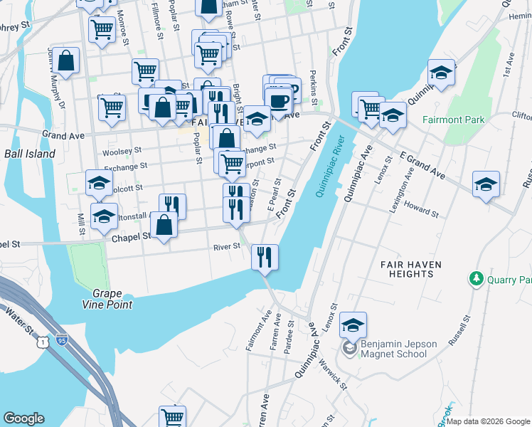 map of restaurants, bars, coffee shops, grocery stores, and more near 48 East Pearl Street in New Haven