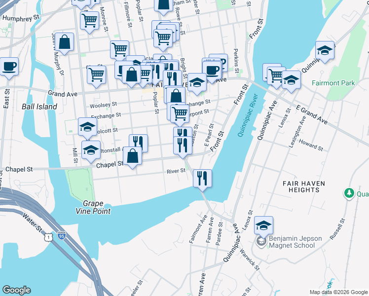 map of restaurants, bars, coffee shops, grocery stores, and more near 48 Houston Street in New Haven