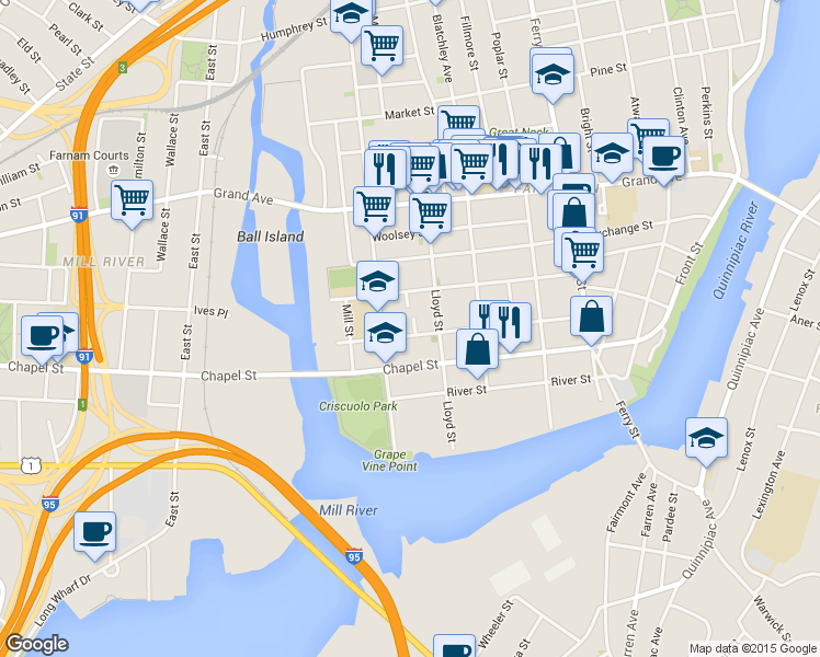 map of restaurants, bars, coffee shops, grocery stores, and more near 182 Wolcott Street in New Haven