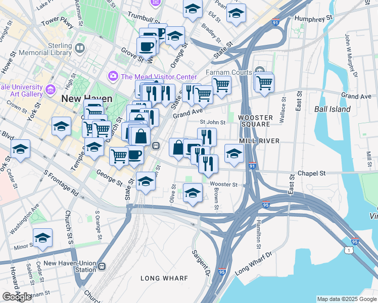 map of restaurants, bars, coffee shops, grocery stores, and more near 99 Olive Street in New Haven