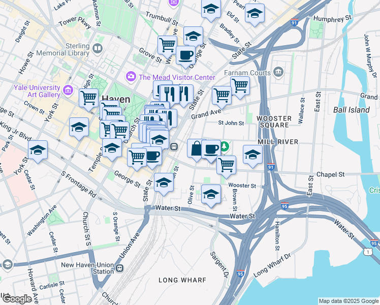 map of restaurants, bars, coffee shops, grocery stores, and more near 65 Court Street in New Haven